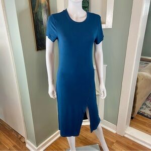 Bordeaux Anthopologie Teal Blue Ribbed Midi Shirt Dress Bodycon Stretch Medium M